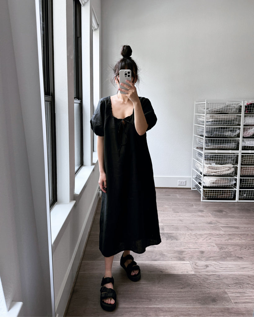 Curved Seam Midi Dress, Black Linen
