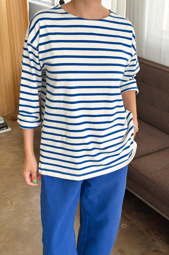 Marseille Top, Blue Stripe on Cream
